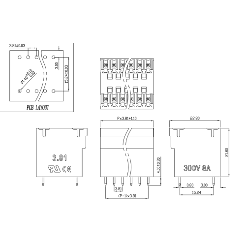 Borque de borne PCB à double couche de 3,81 mm